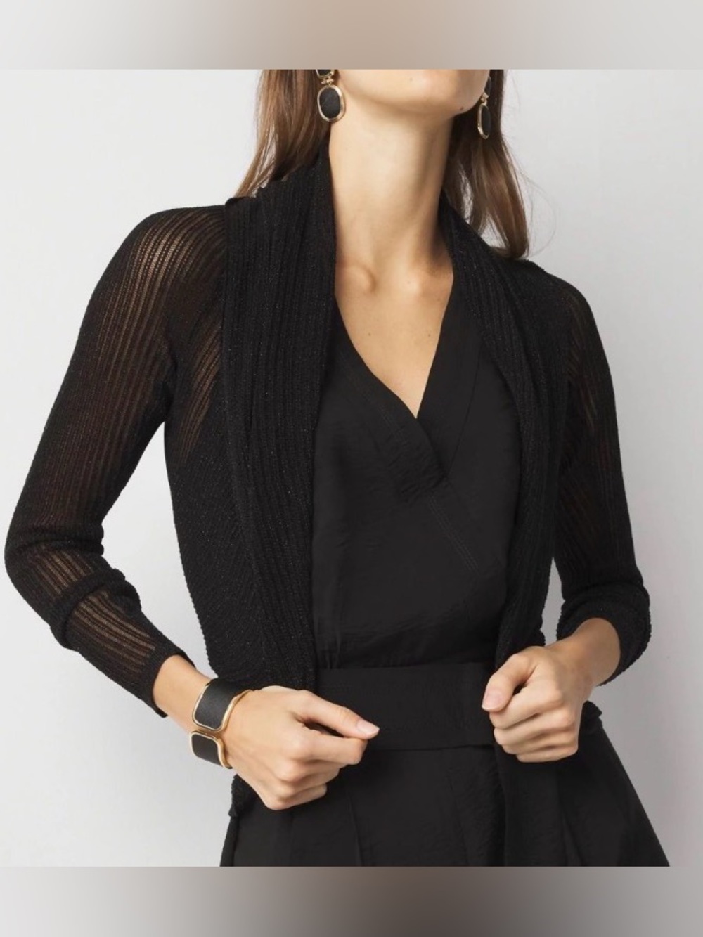WHBM Black Shimmer Ribbed Sweater Shrug Cardigan - M/L